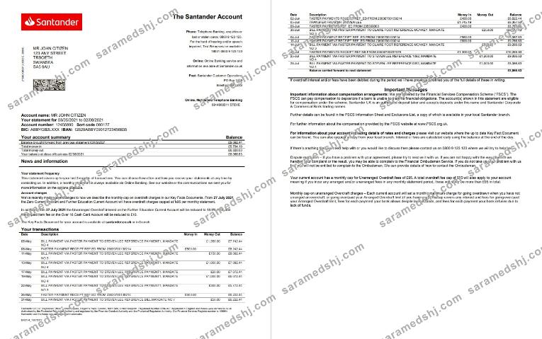 United Kingdom Santander bank statement template in Word and PDF format (2 pages)